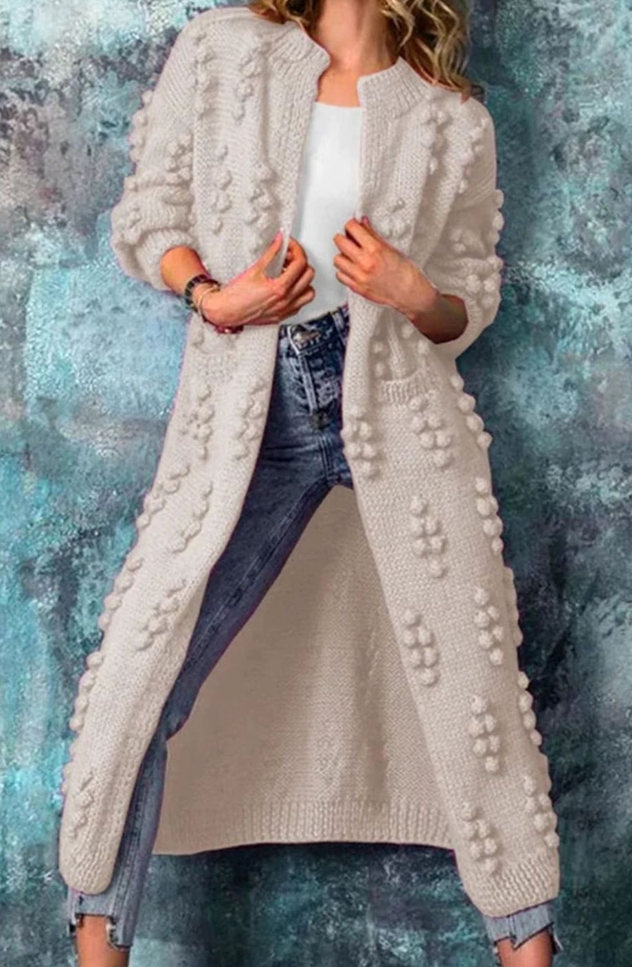 Women's Floor-Length Open-Style Pom-Pom Knit Cardigan – Beige