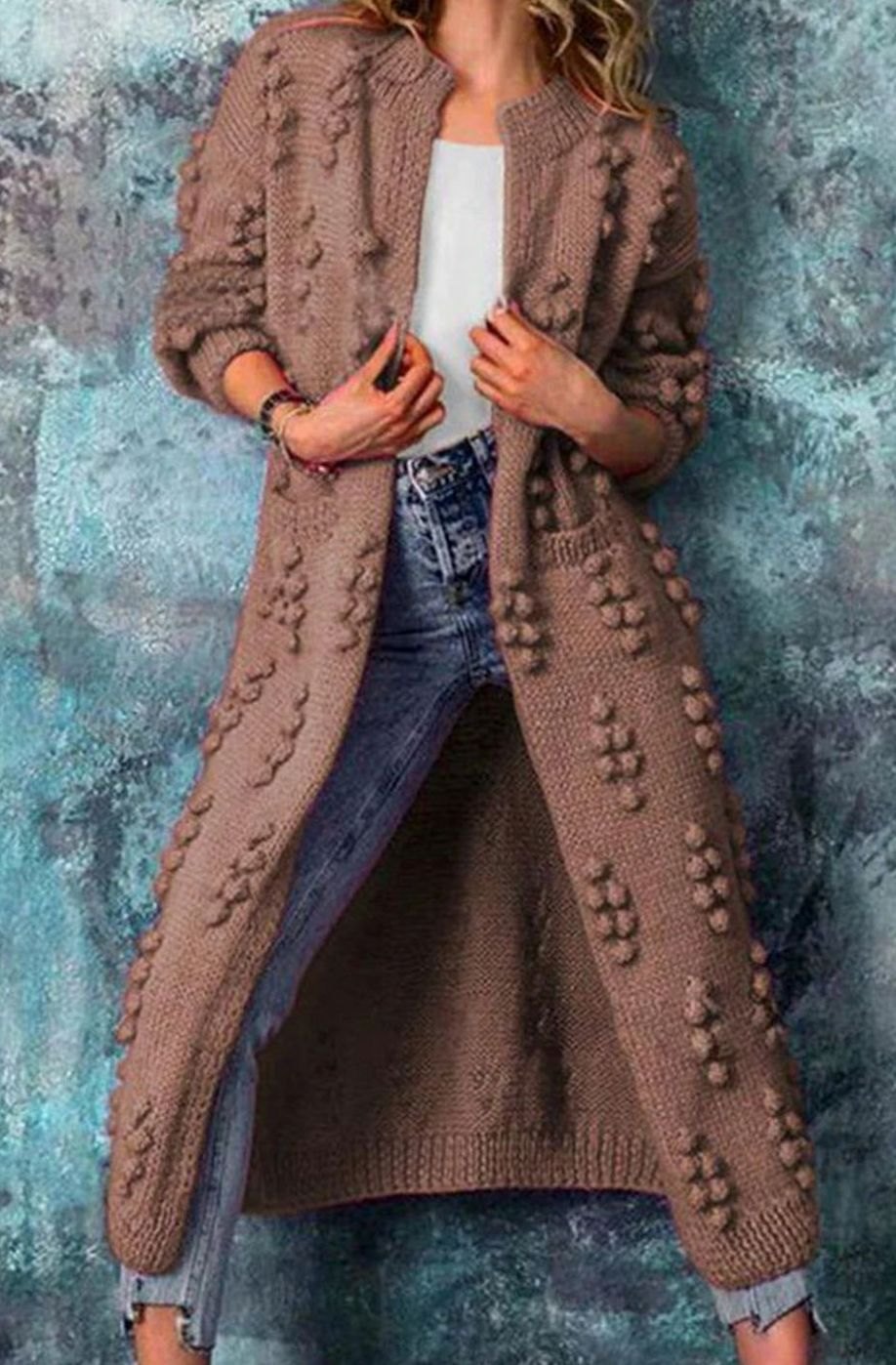 Women's Floor-Length Open-Style Pom-Pom Knit Cardigan – Brown
