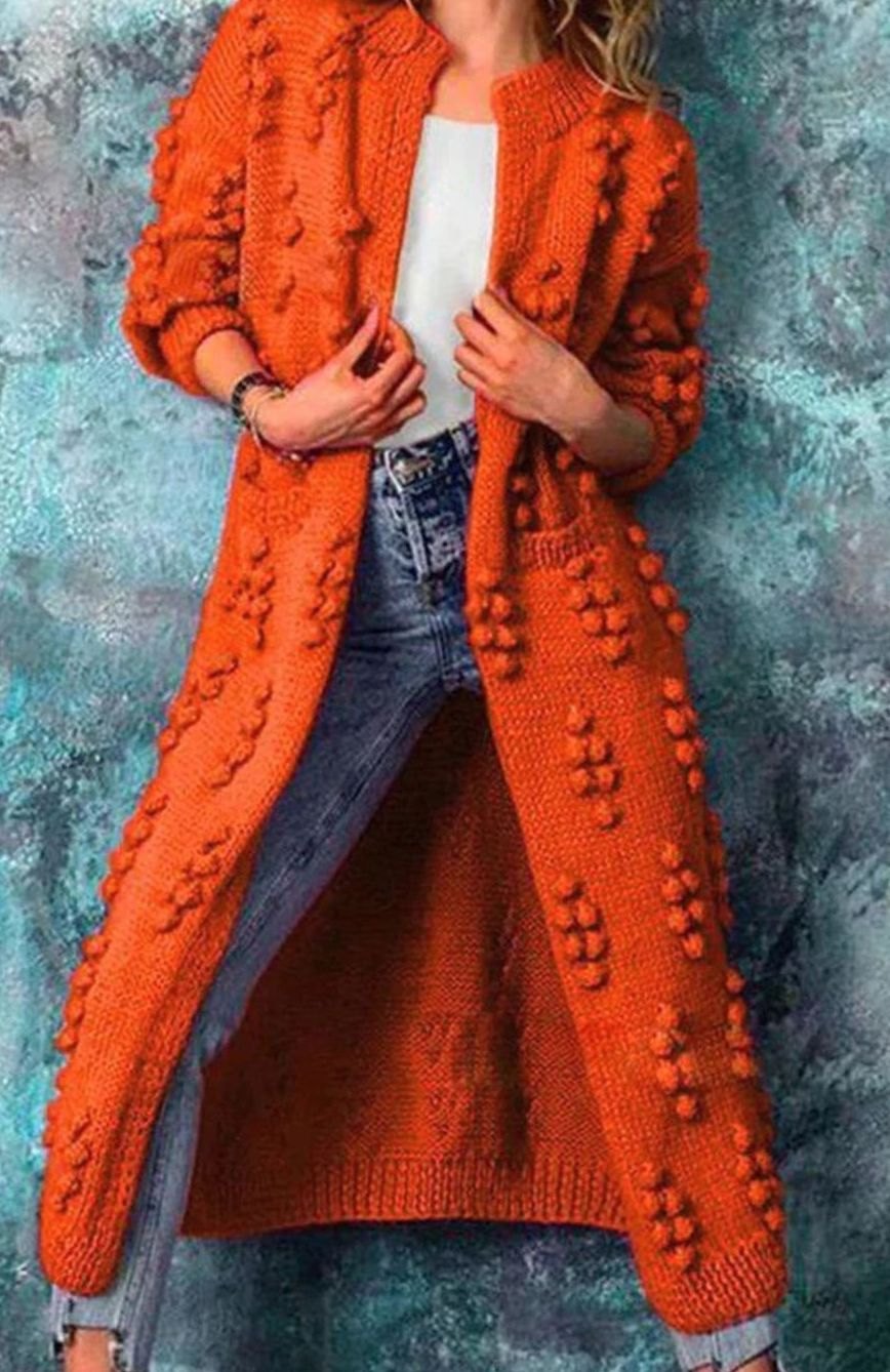 Women's Floor-Length Open-Style Pom-Pom Knit Cardigan – Orange