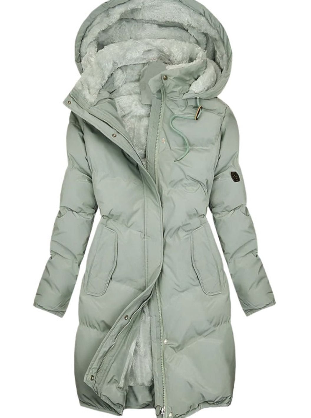 Women's Long Padded Fleece-Backed Hood-Detail Coat – Green