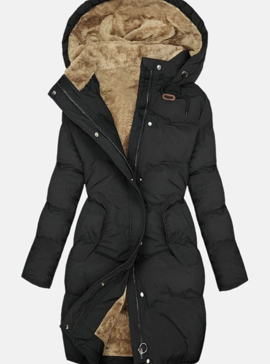 Women's Long Padded Fleece-Backed Hood-Detail Coat – Black