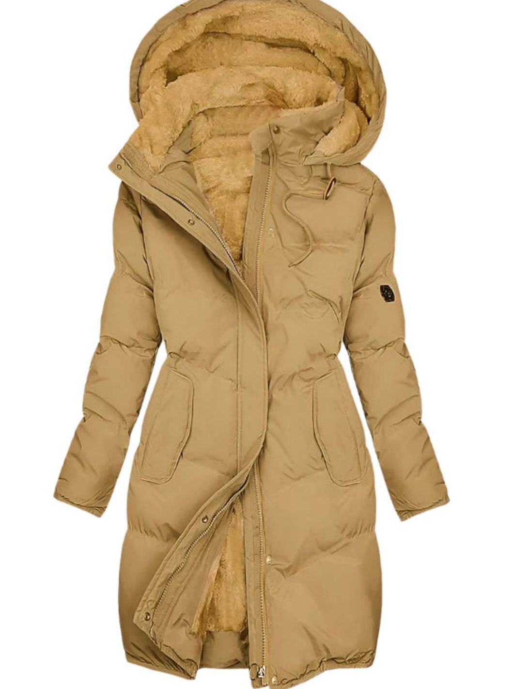 Women's Long Padded Fleece-Backed Hood-Detail Coat – Yellow