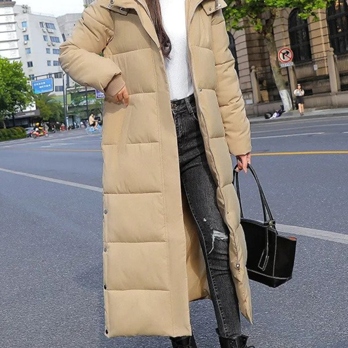 Women's Full-Length Padded Puffer Coat – Khaki