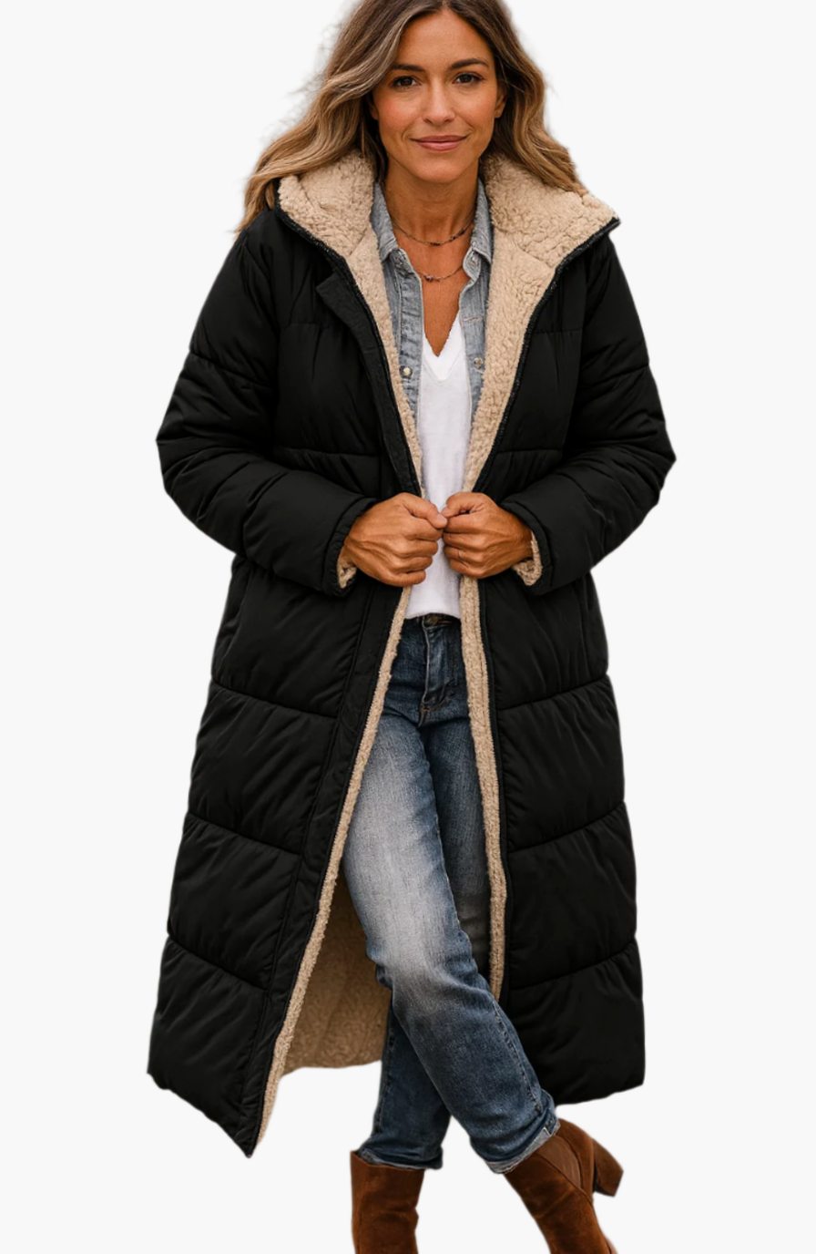 Women's Sherpa-Backed Open-Style Calf-Length Coat – Black