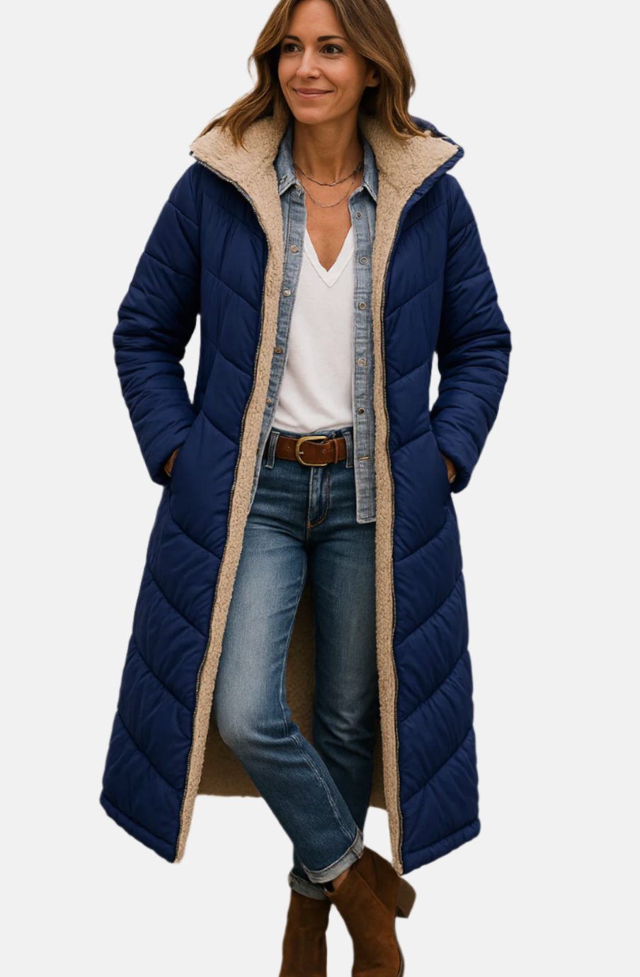 Women's Sherpa-Backed Open-Style Calf-Length Coat – Navy Blue