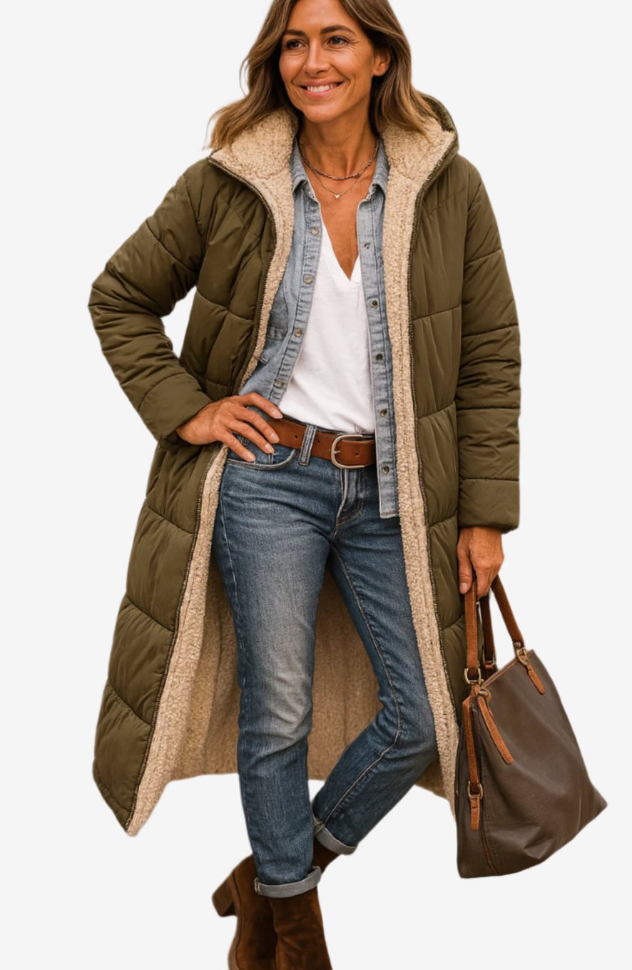 Women's Sherpa-Backed Open-Style Calf-Length Coat – Army Green