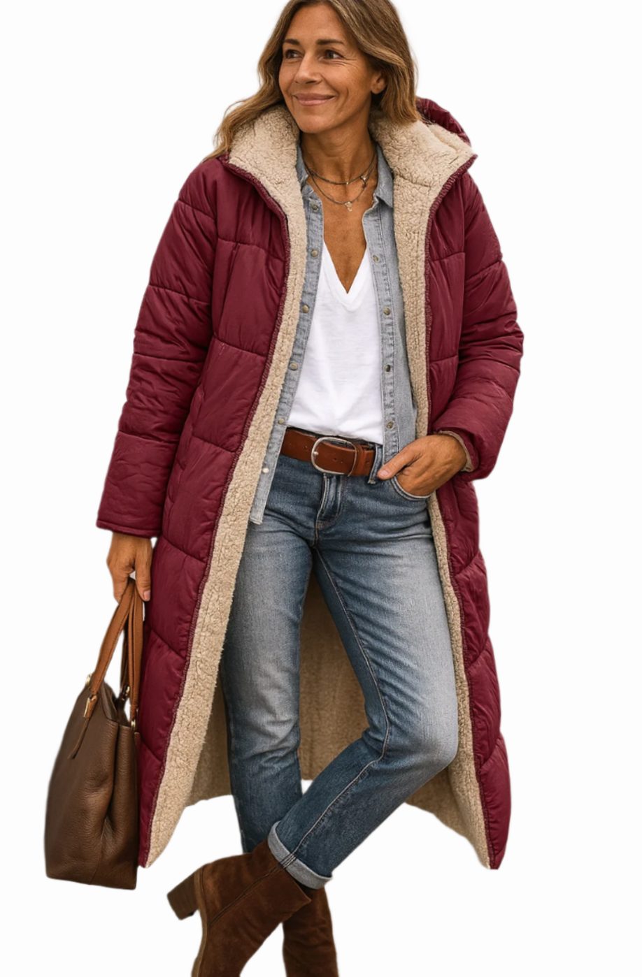 Women's Sherpa-Backed Open-Style Calf-Length Coat – Wine Red
