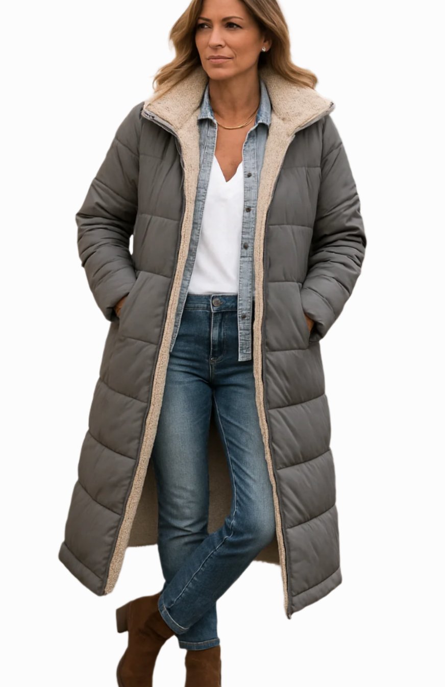 Women's Sherpa-Backed Open-Style Calf-Length Coat – Gray