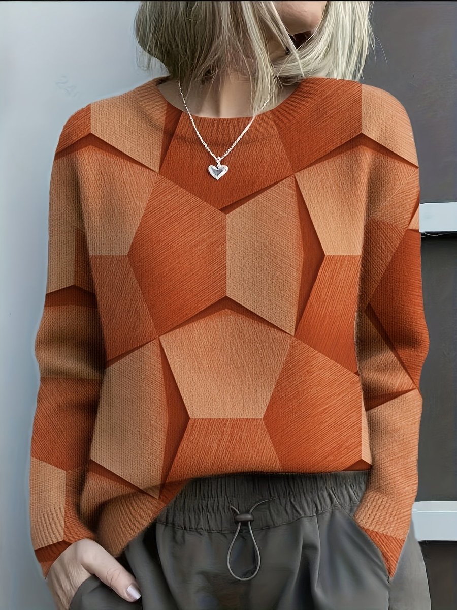 Women's Geometric Print Crew-Neck Knit Pullover – Orange