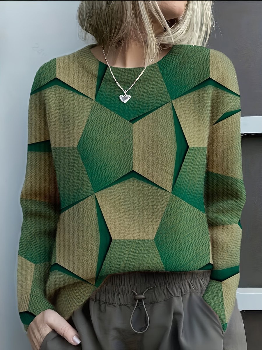 Women's Geometric Print Crew-Neck Knit Pullover – Green