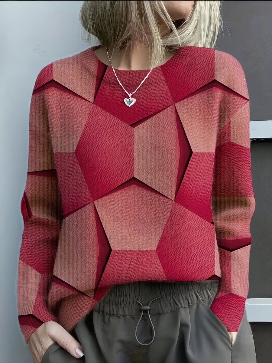 Women's Geometric Print Crew-Neck Knit Pullover – Red