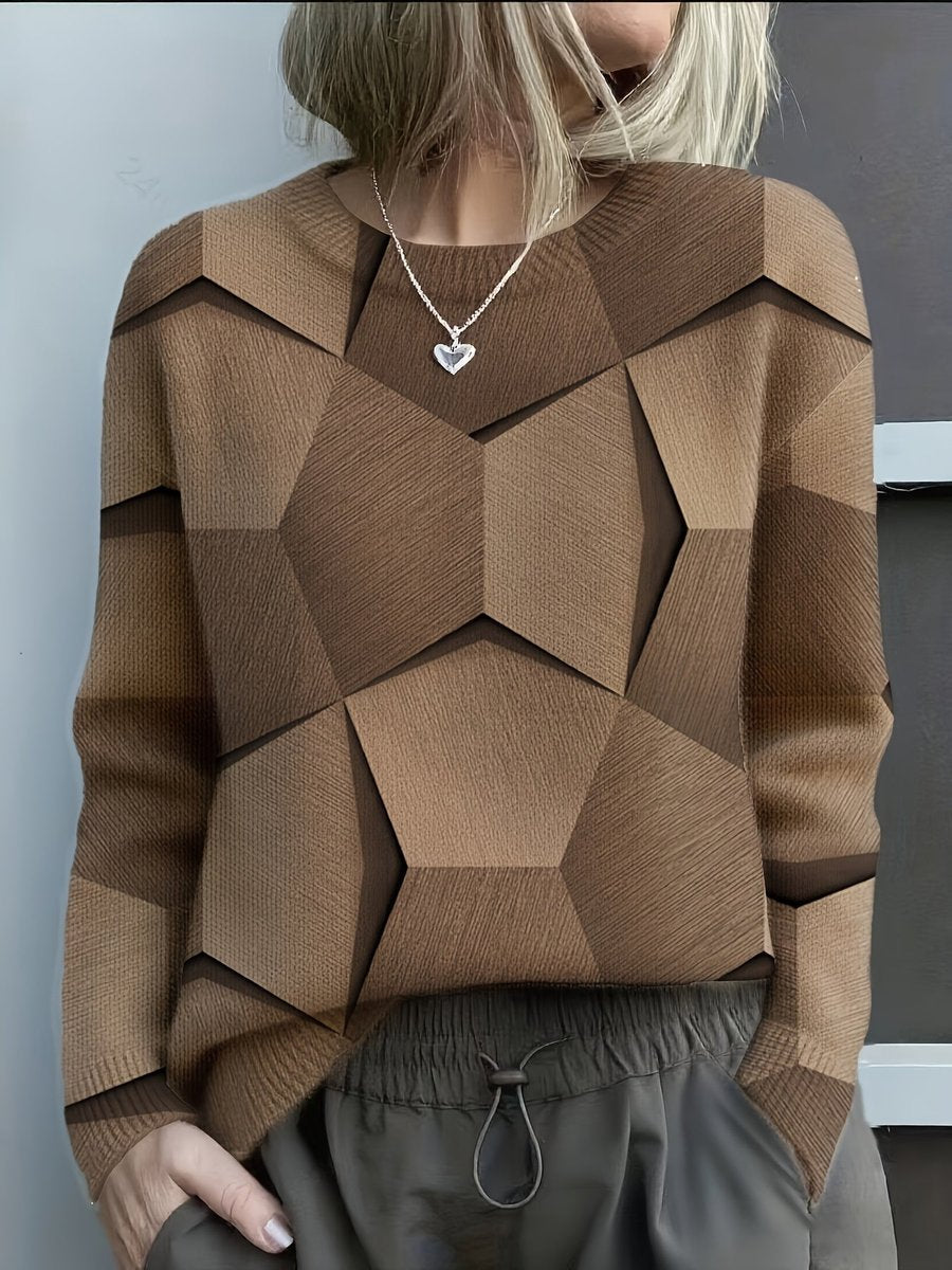 Women's Geometric Print Crew-Neck Knit Pullover – Brown