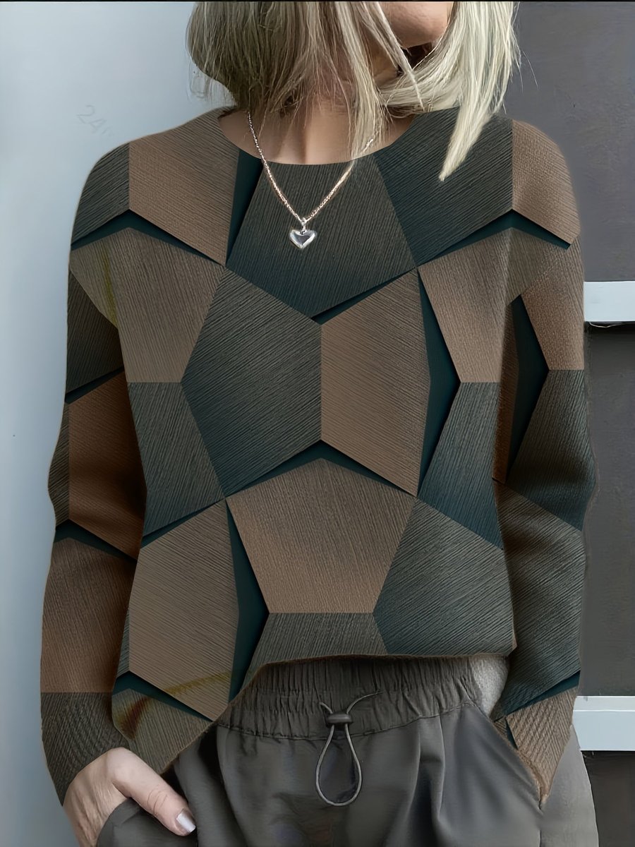 Women's Geometric Print Crew-Neck Knit Pullover – Black