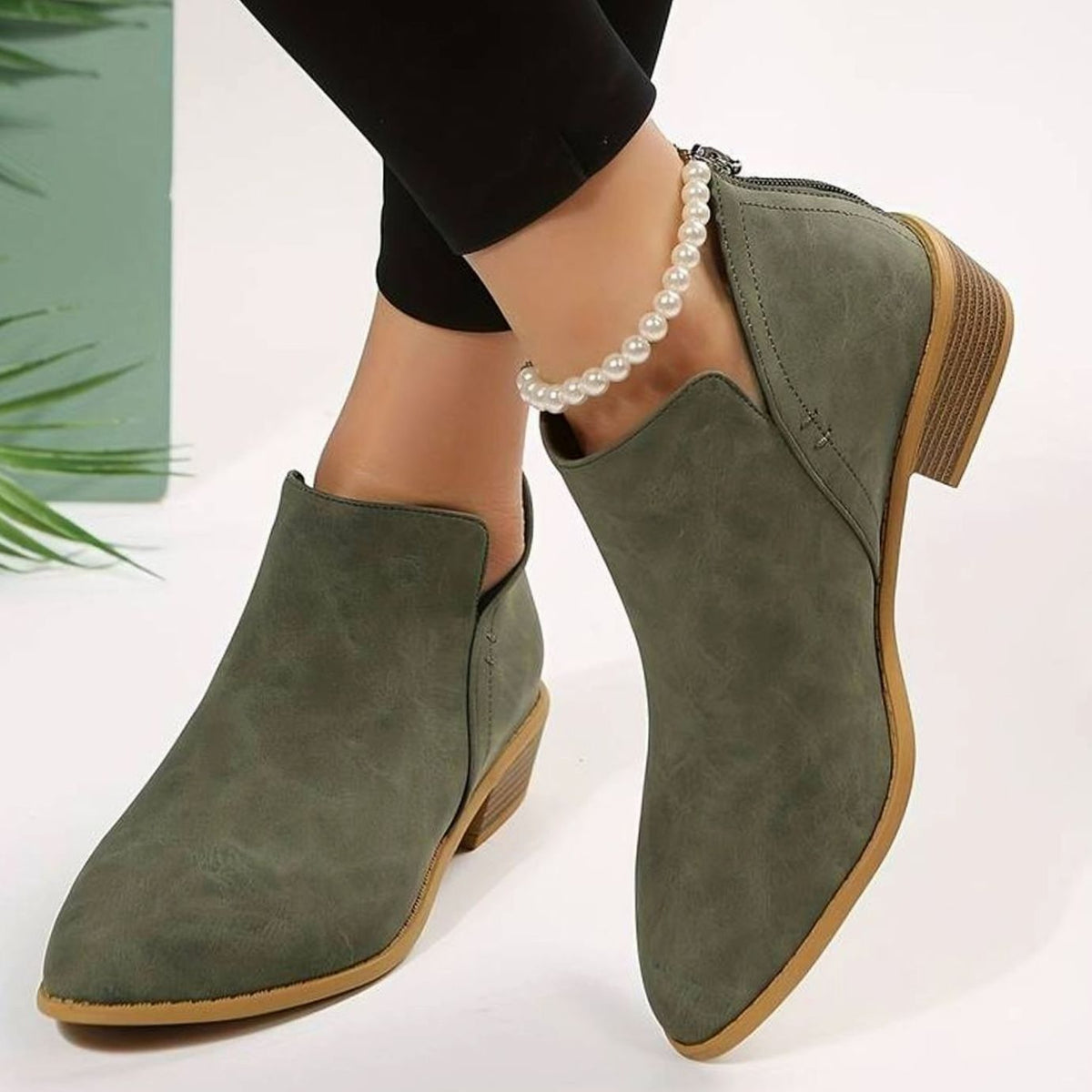 Women's Pointed-Toe Low Block-Heel Booties – Green