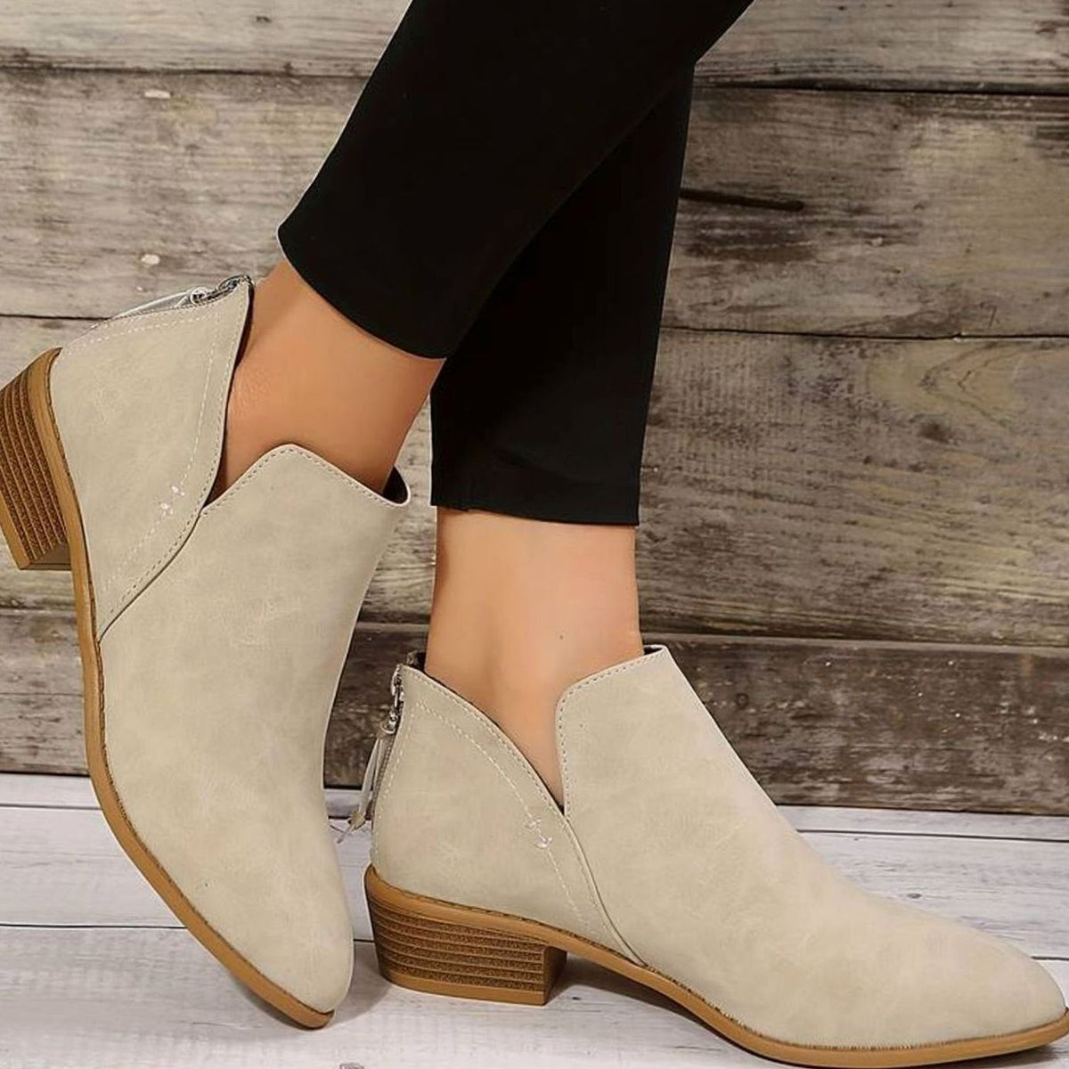 Women's Pointed-Toe Low Block-Heel Booties – Beige