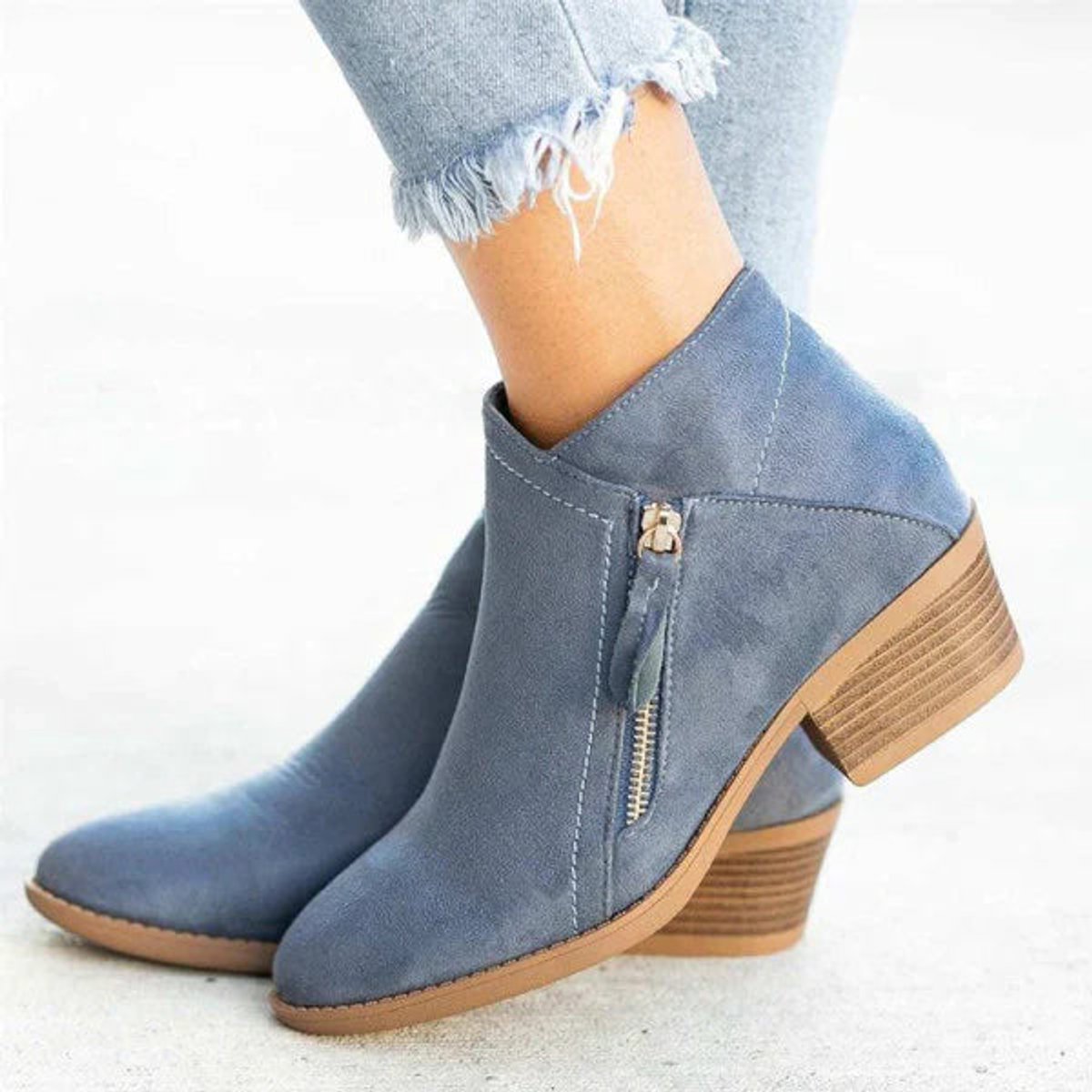 Women's Low-Heel Side-Zip Suede-Finish Booties – Blue