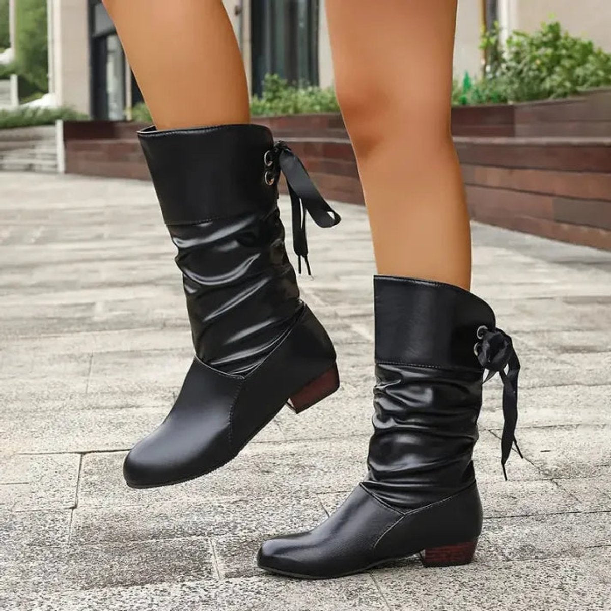 Women's Mid-Calf Laced Slouchy Block-Heel Booties – view 5