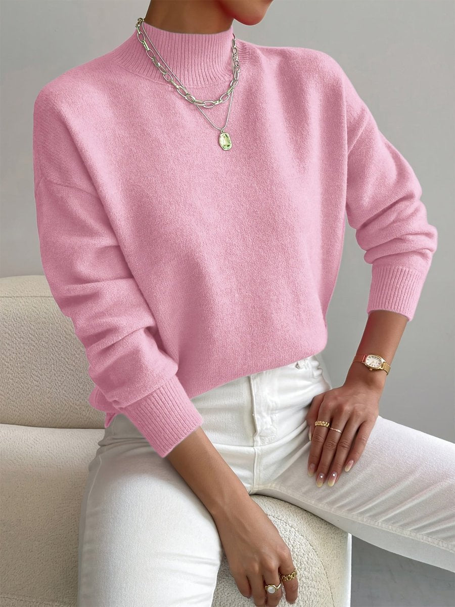 Women's Mock-Neck Oversized Knit Roll-Neck Pullover – Light Pink