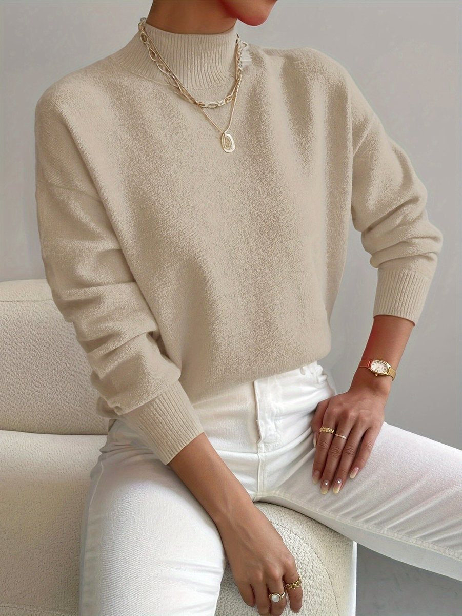 Women's Mock-Neck Oversized Knit Roll-Neck Pullover – Beige