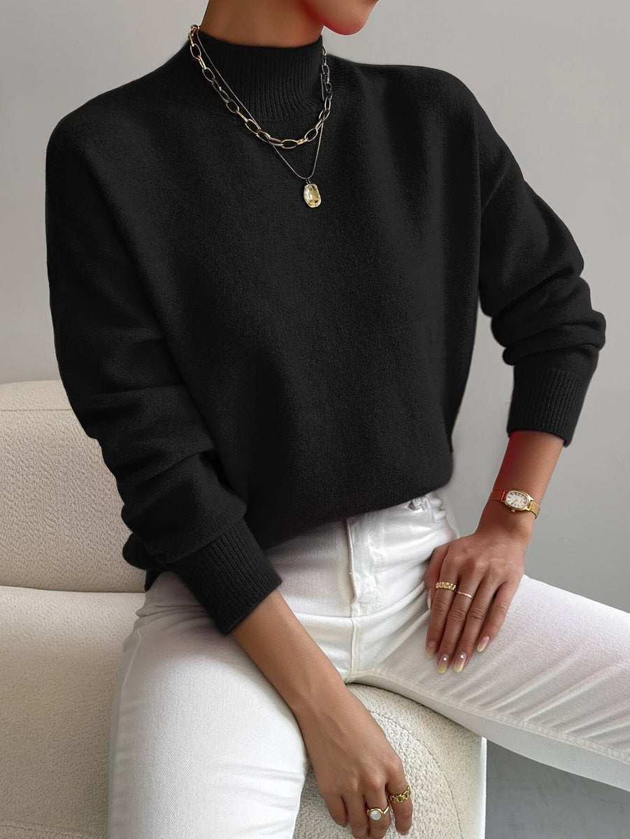 Women's Mock-Neck Oversized Knit Roll-Neck Pullover – Black