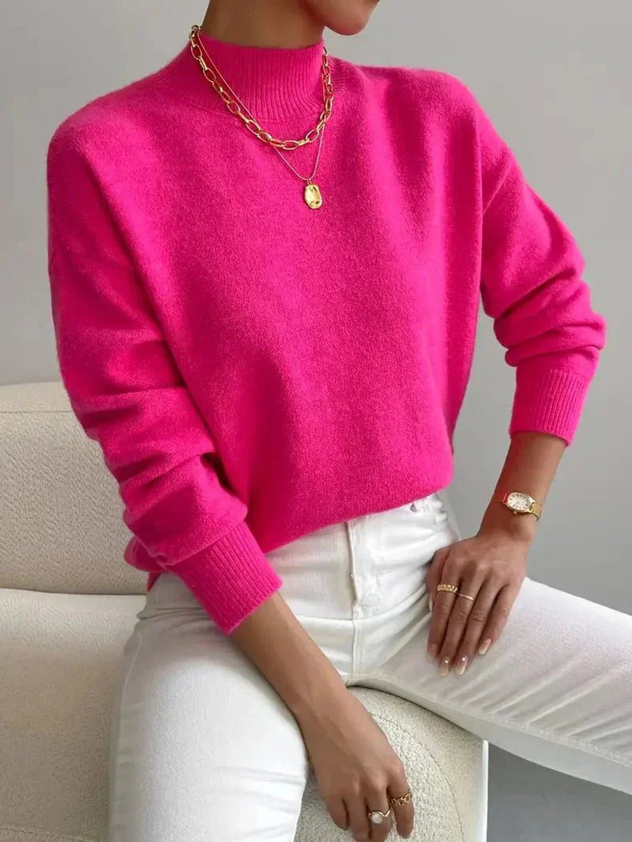 Women's Mock-Neck Oversized Knit Roll-Neck Pullover – Pink