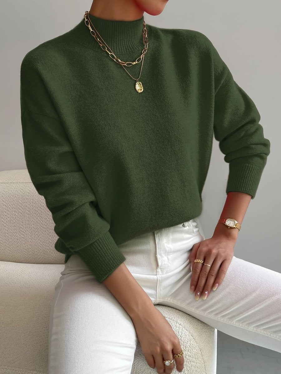 Women's Mock-Neck Oversized Knit Roll-Neck Pullover – Green
