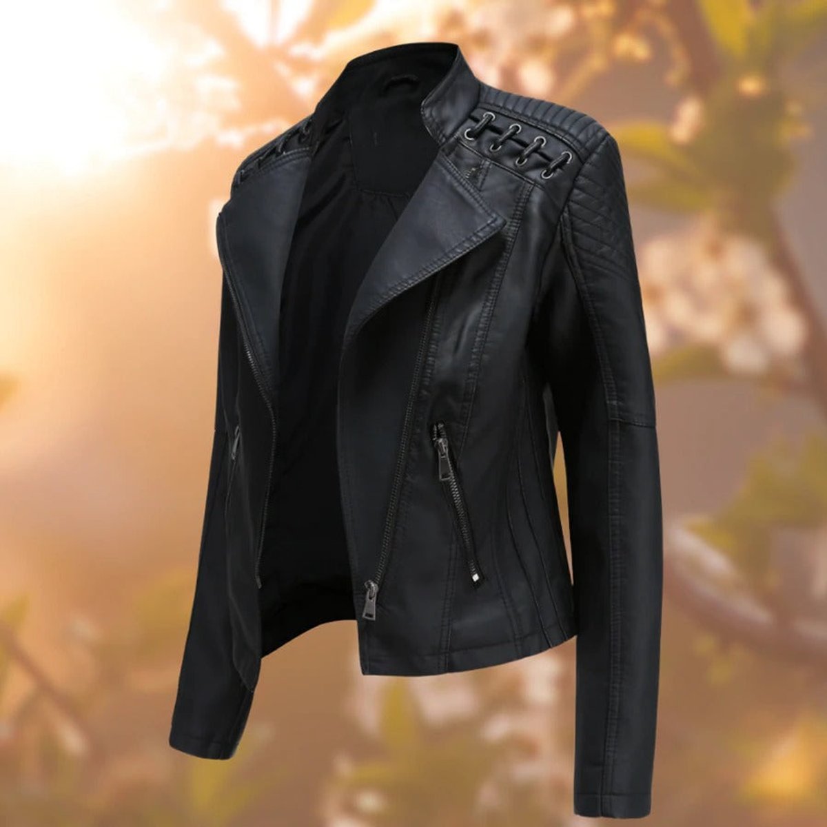 Women's Full-Zip Leather-Look Biker Jacket – Black
