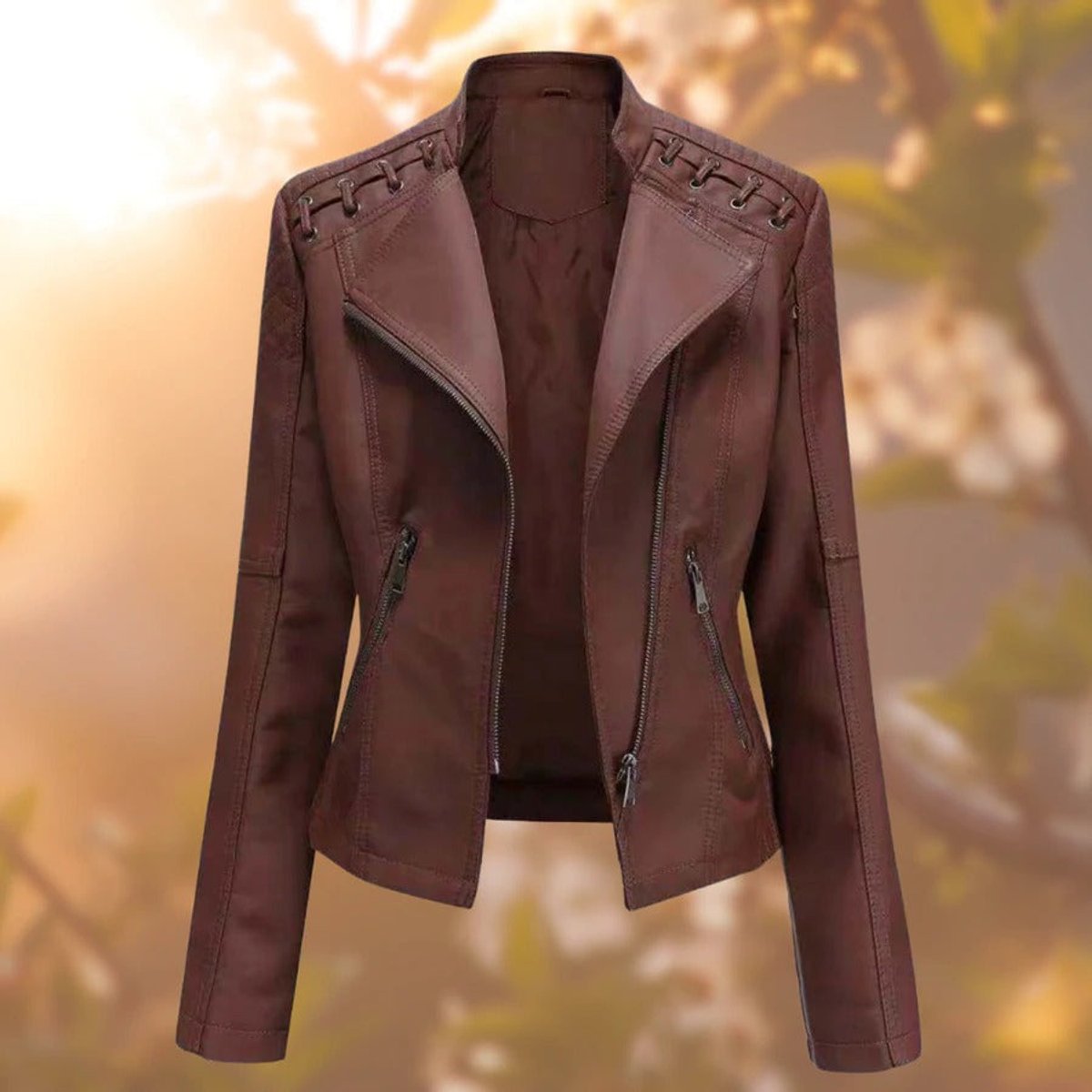 Women's Full-Zip Leather-Look Biker Jacket – Dark Brown