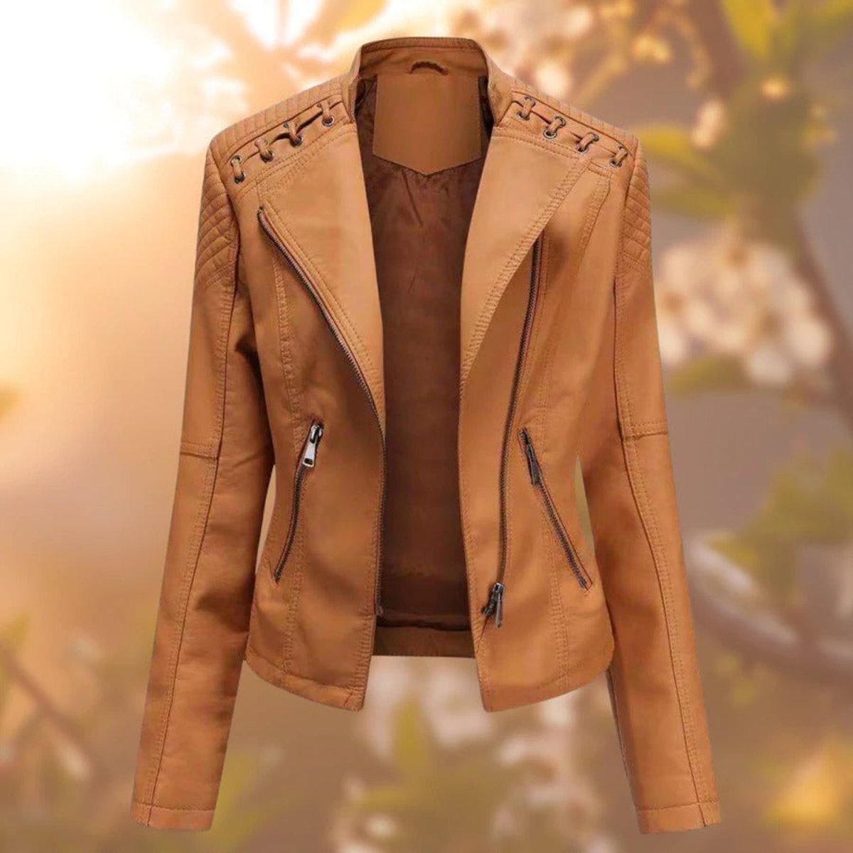 Women's Full-Zip Leather-Look Biker Jacket – Orange