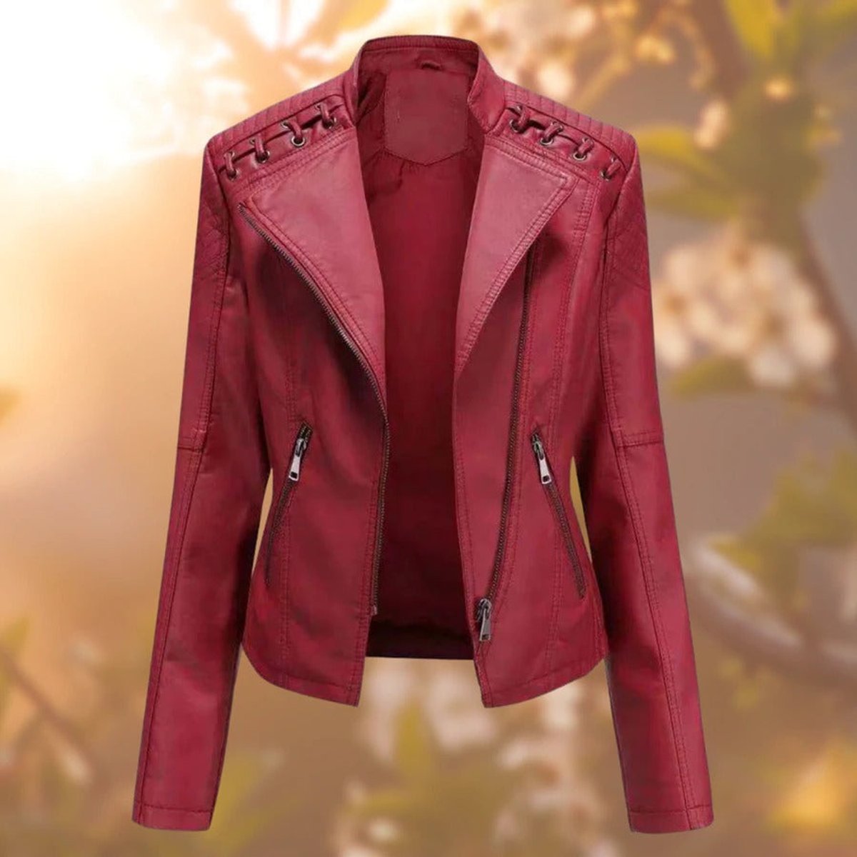 Women's Full-Zip Leather-Look Biker Jacket – Dark Red