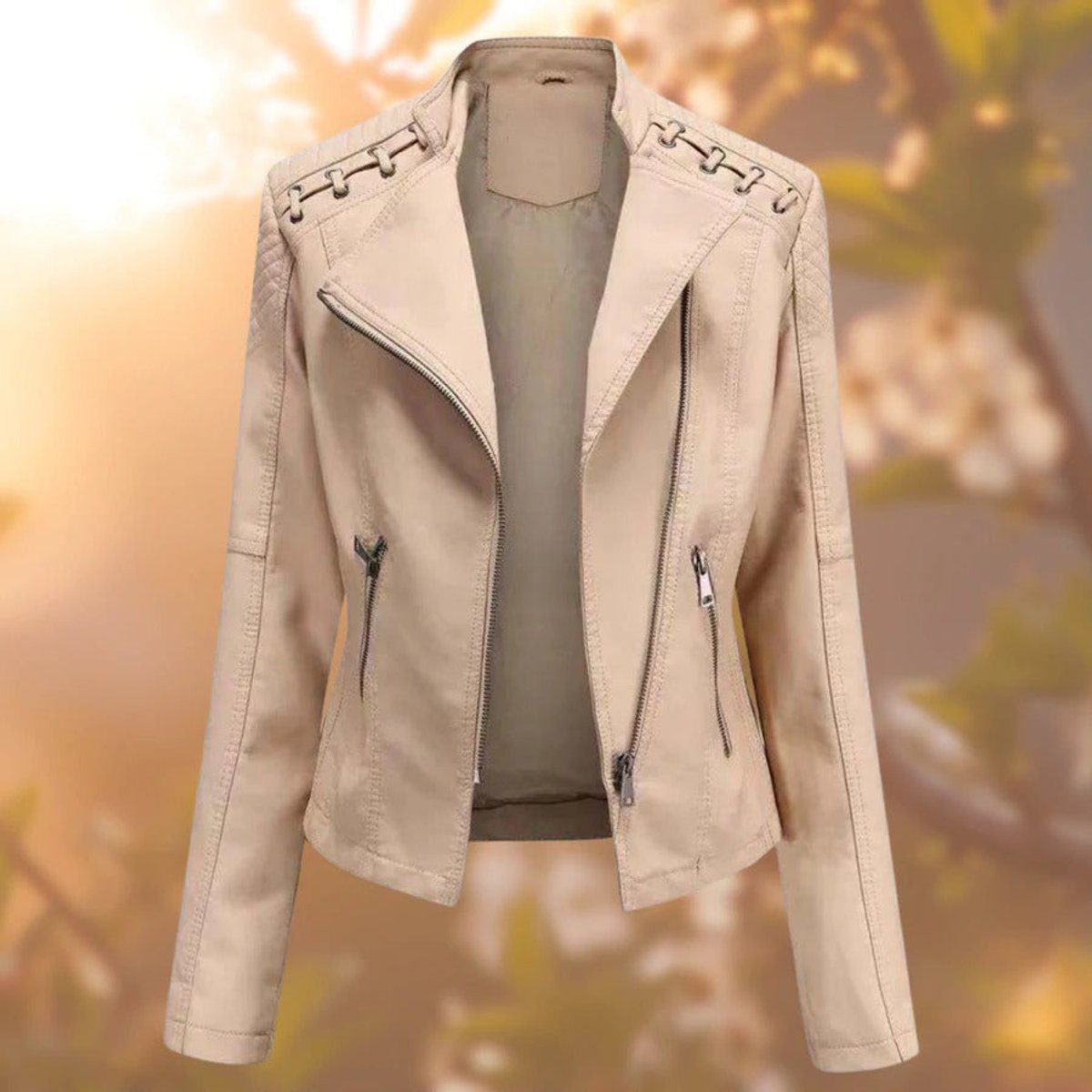 Women's Full-Zip Leather-Look Biker Jacket – Khaki