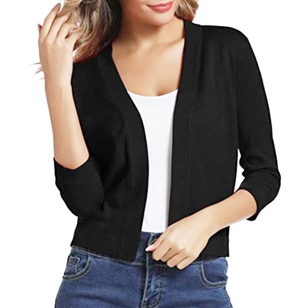Women's Crop-Length Open-Front Three-Quarter Sleeve Knit Cardigan – view 1