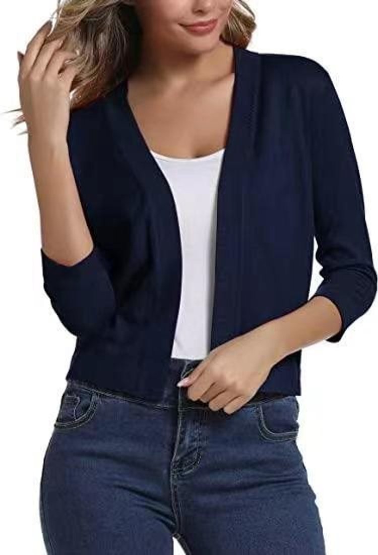 Women's Crop-Length Open-Front Three-Quarter Sleeve Knit Cardigan – Sapphire Blue