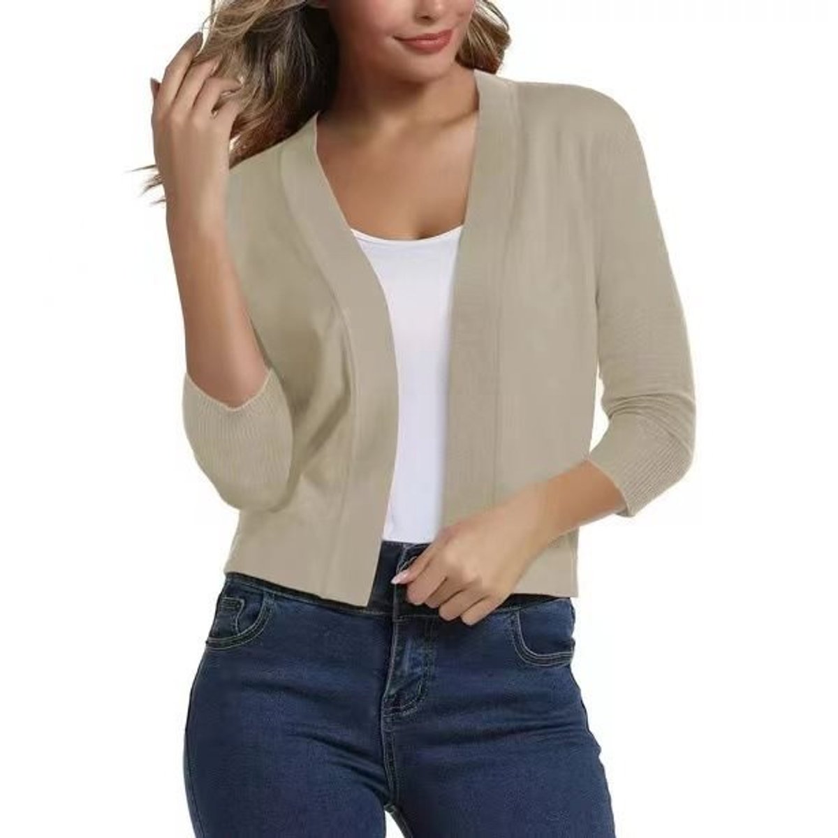 Women's Crop-Length Open-Front Three-Quarter Sleeve Knit Cardigan – Beige