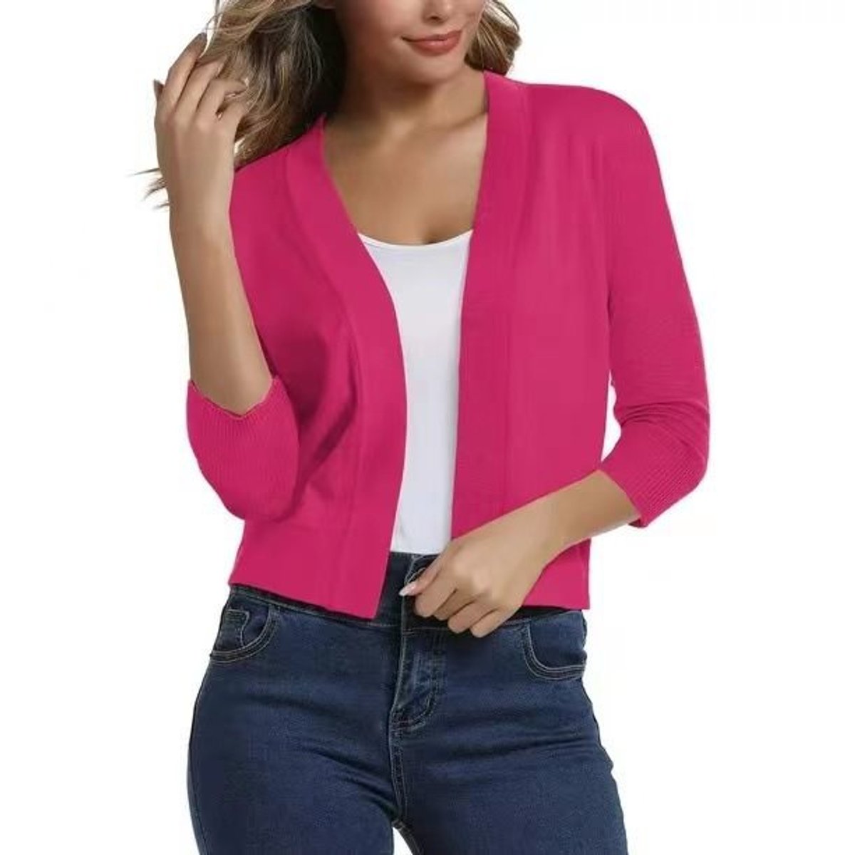 Women's Crop-Length Open-Front Three-Quarter Sleeve Knit Cardigan – Red