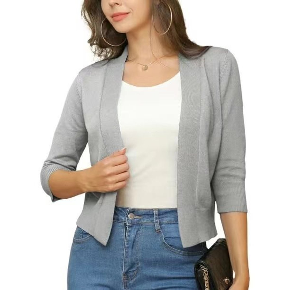 Women's Crop-Length Open-Front Three-Quarter Sleeve Knit Cardigan – Silver Gray