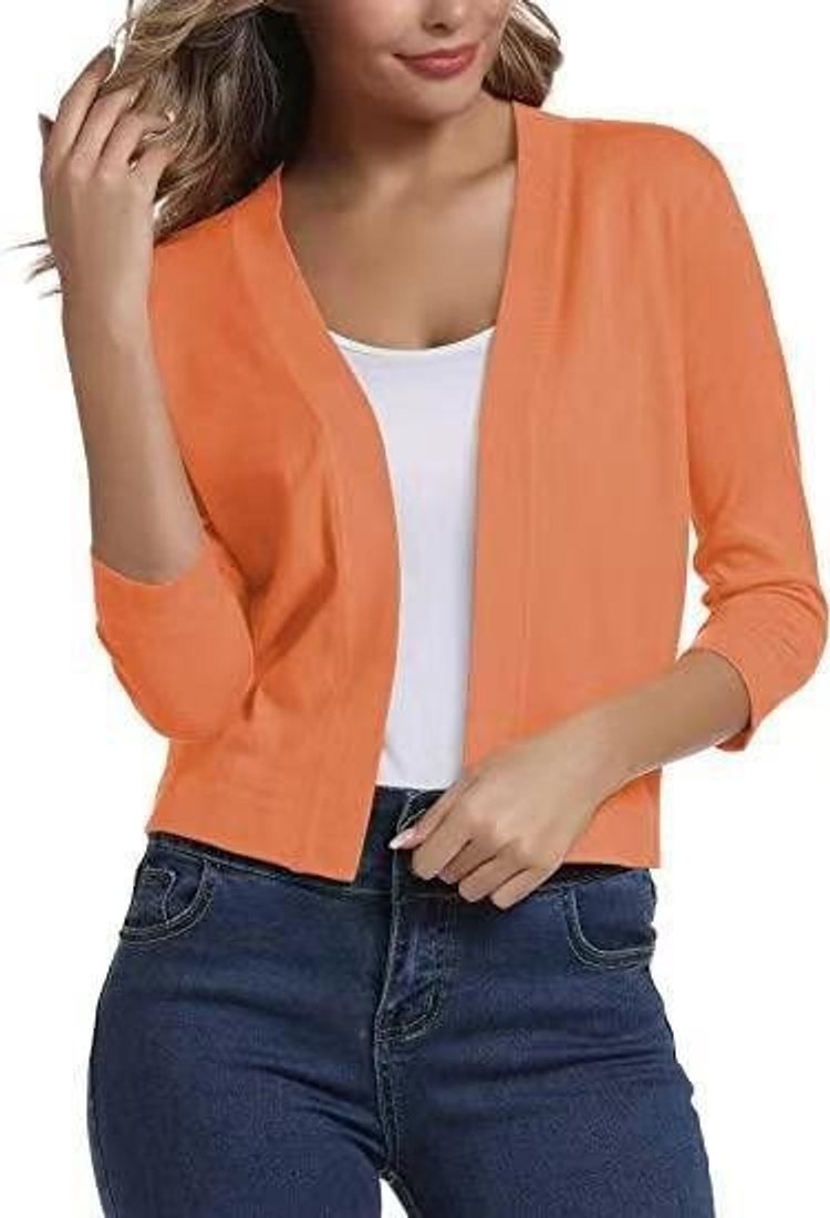 Women's Crop-Length Open-Front Three-Quarter Sleeve Knit Cardigan – Orange