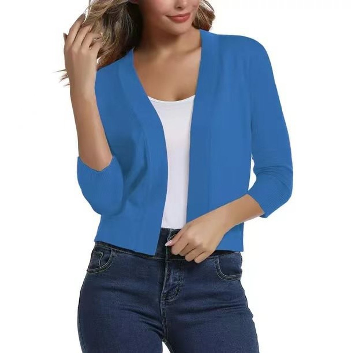Women's Crop-Length Open-Front Three-Quarter Sleeve Knit Cardigan – Blue