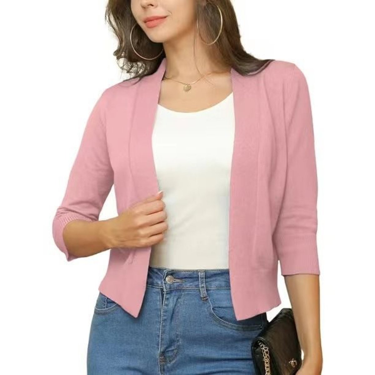 Women's Crop-Length Open-Front Three-Quarter Sleeve Knit Cardigan – Rubber Red