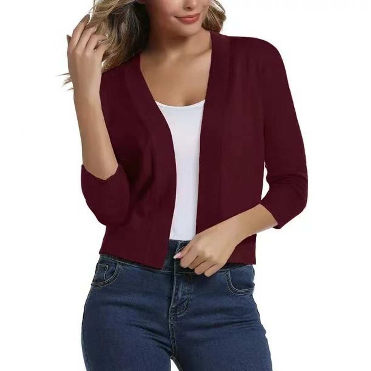 Women's Crop-Length Open-Front Three-Quarter Sleeve Knit Cardigan – view 18