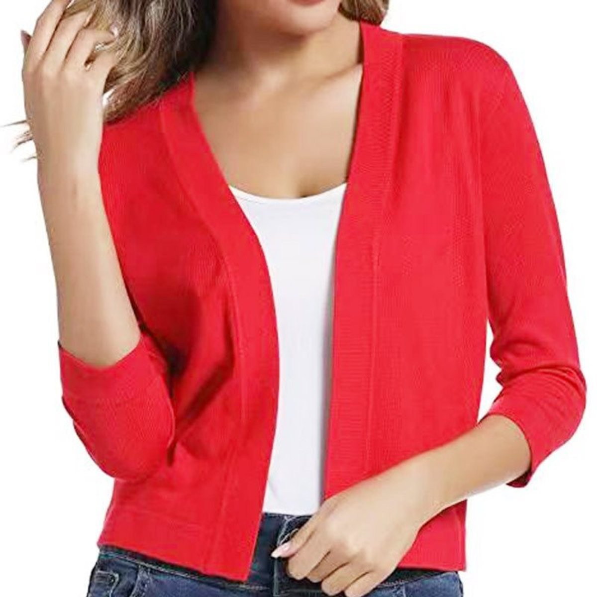 Women's Crop-Length Open-Front Three-Quarter Sleeve Knit Cardigan – view 19