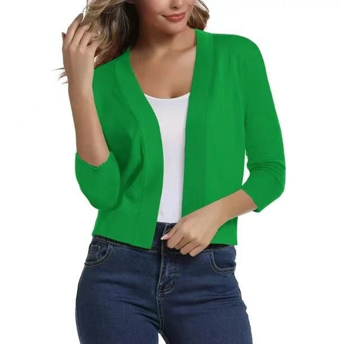 Women's Crop-Length Open-Front Three-Quarter Sleeve Knit Cardigan – Bright Green