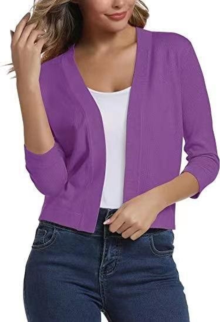 Women's Crop-Length Open-Front Three-Quarter Sleeve Knit Cardigan – Purple