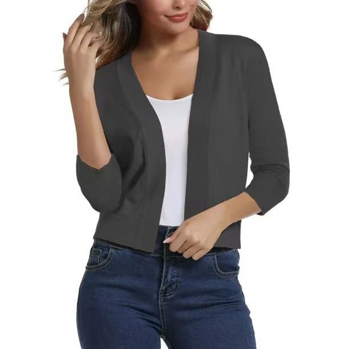 Women's Crop-Length Open-Front Three-Quarter Sleeve Knit Cardigan – Gray