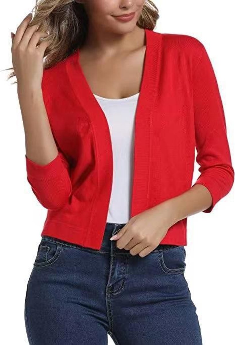 Women's Crop-Length Open-Front Three-Quarter Sleeve Knit Cardigan – China Red