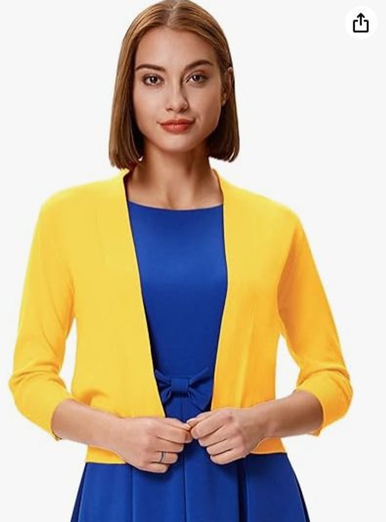 Women's Crop-Length Open-Front Three-Quarter Sleeve Knit Cardigan – Yellow