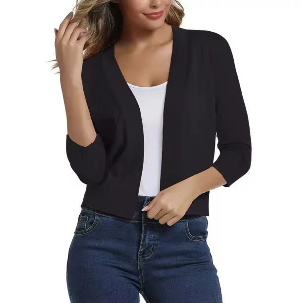 Women's Crop-Length Open-Front Three-Quarter Sleeve Knit Cardigan – view 3