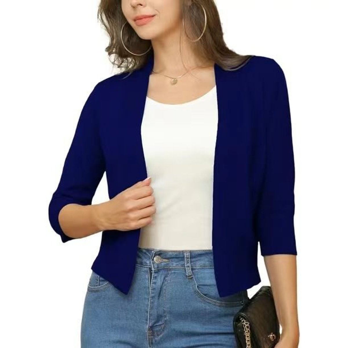 Women's Crop-Length Open-Front Three-Quarter Sleeve Knit Cardigan – Mondsee Blue