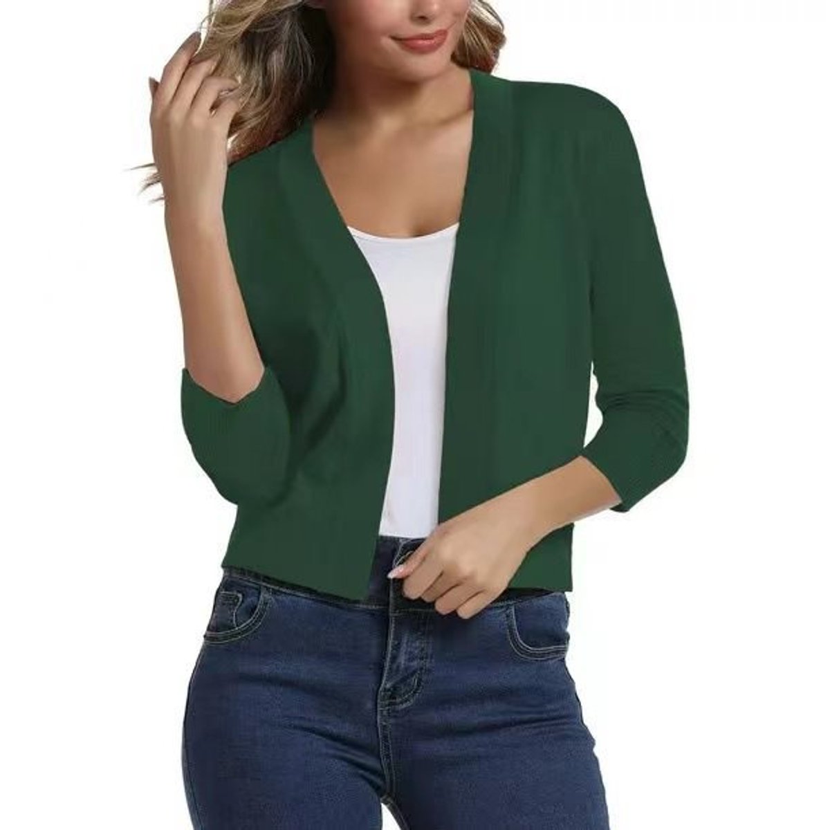 Women's Crop-Length Open-Front Three-Quarter Sleeve Knit Cardigan – Wood Green
