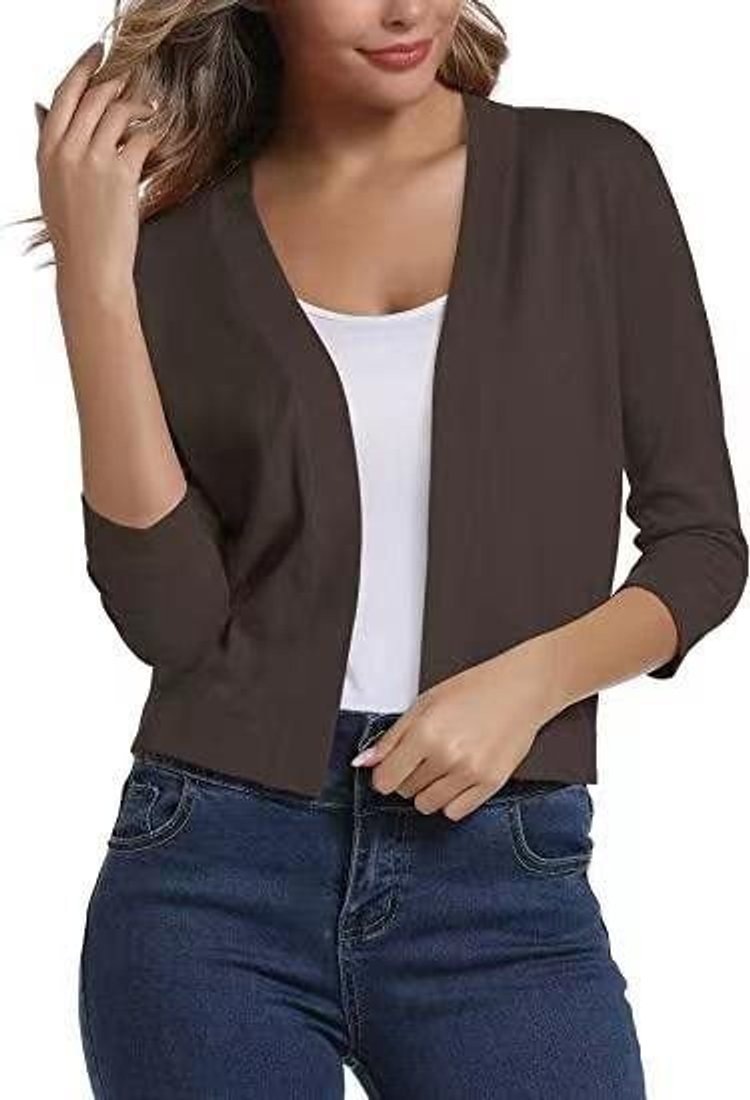 Women's Crop-Length Open-Front Three-Quarter Sleeve Knit Cardigan – Brown